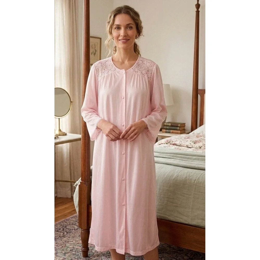 Vintage Vanity Fair Lace Floral Embroidered Button Front‎ Nightgown Size M Pink